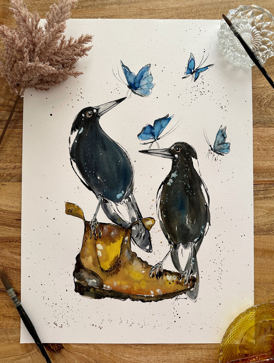 Two Magpies On A Boot
